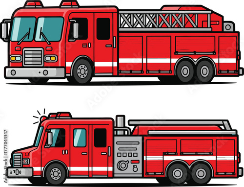 PrintTwo red cartoon fire trucks illustration, firefighter emergency rescue vehicles with ladder and siren, modern fire engine vector design for kids education