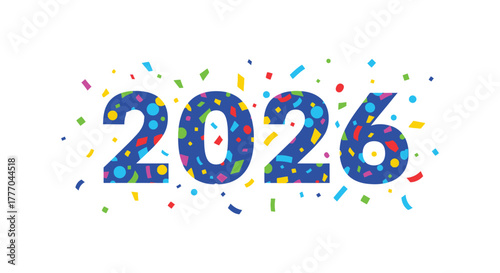 Colorful confetti explodes around the year 2026 numbers celebrating the upcoming new year