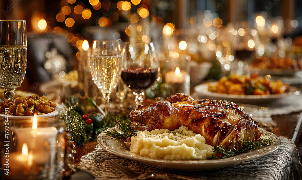 Fototapeta premium christmas dinner and eating concept - food and drinks on table at home