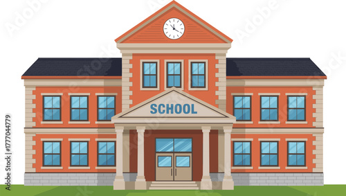 Classic brick school building with clock tower, symmetrical facade, columns, windows, lawn, and sidewalk in educational vector illustration