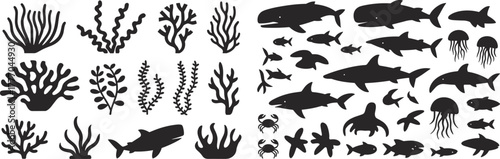 Marine life silhouettes including sharks, fish, coral, seaweed, jellyfish, dolphin, whale, and crabs for ocean design and education themes