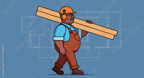 Cartoon construction worker carrying wood with blueprint background