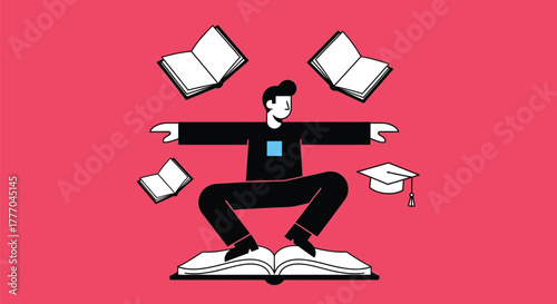 Illustration of education and learning with books and graduation cap