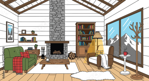 Cozy cabin living room interior design with fireplace and mountain view