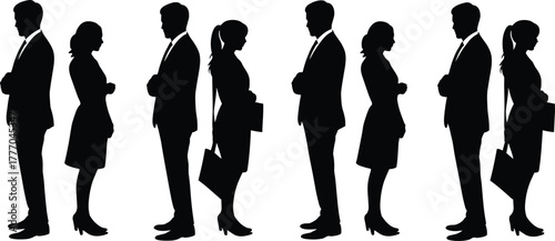 Silhouettes of Business Professionals Standing in Line Depicting Corporate Attire, Gender Representation, and Professional Social Behavior