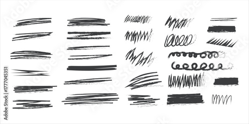 Abstract hand-drawn scribbles, lines, and doodles in different styles, vector illustration, isolated on white background