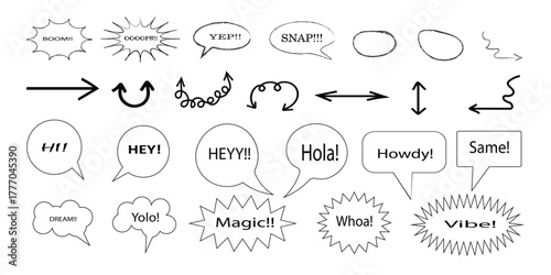 Hand-drawn speech bubbles, arrows and oval shapes for comic or presentation design vector illustration, isolated on white background