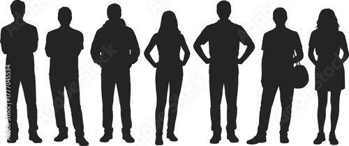 Silhouettes of Casual People Standing in a Row with Varied Postures and Outfits Depicting Everyday Urban Lifestyle and Diversity