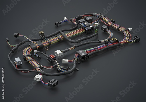 Complex Wiring Harness System for Automotive Industry and Electronic Device Connectivity with Various Connectors and Colored Wires on Dark Background