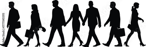 Silhouettes of Business Professionals Walking with Briefcases Depicting Corporate Lifestyle, Teamwork, and Professional Relationships for Office Illustration