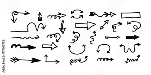 Vector collection of hand-drawn arrows in various styles, isolated on white background