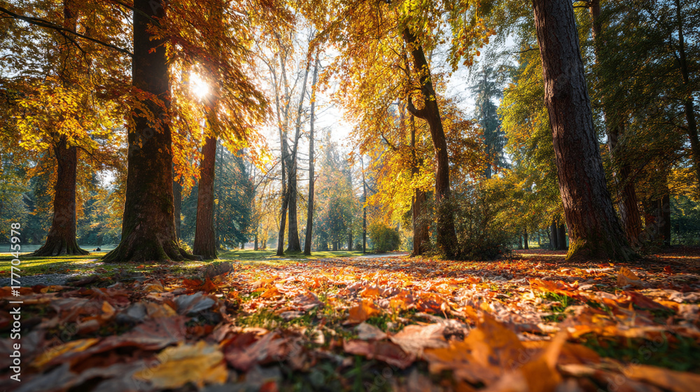 Fototapeta premium Sunlight shining through trees with autumn foliage covering the ground in a park setting view