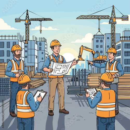 A construction team reviews blueprints at a building site, with cranes and unfinished structures in the background, planning the project's progress.
