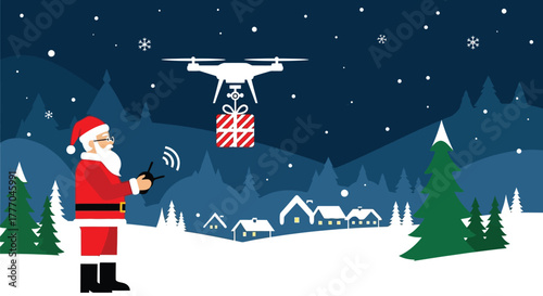 Santa claus using drone for christmas gift delivery vector graphic