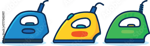 Colorful Cartoon Iron Set Blue Yellow and Green Home Appliances Laundry Equipment Illustration