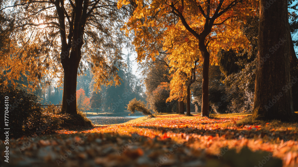 Fototapeta premium A view of a park with trees and fallen leaves in the autumn season with a lake in the background