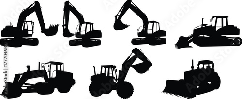 Silhouettes of Construction Workers and Heavy Equipment Including Excavators, Bulldozers, and Wheelbarrows for Industrial and Jobsite Illustration