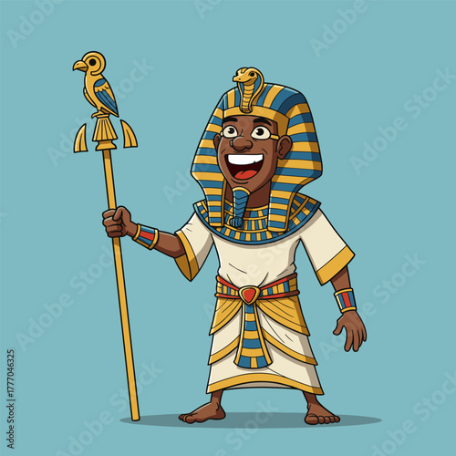 Cheerful cartoon pharaoh wearing a Nemes headdress, holding a staff with a falcon finial.