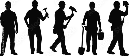 Silhouettes of Construction Workers Holding Tools Like Hammer, Axe, Shovel, and Bucket Depicting Jobsite Roles and Labor Poses