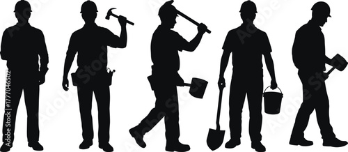 Silhouettes of Construction Workers with Tools Like Hammer, Shovel, Axe, and Bucket Depicting Labor Roles and Jobsite Activity