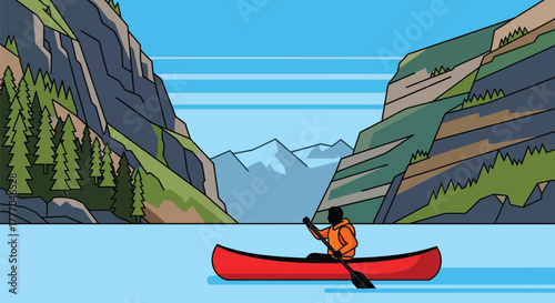 Canoeing adventure in mountain lake scenic landscape illustration