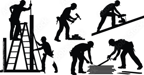 Silhouettes of construction workers performing tasks with tools, ladder, beams, and materials in black vector illustration of building labor