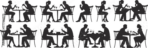 Silhouettes of Couples Dining and Conversing at Tables, Depicting Social Interaction, Technology Use, and Café or Restaurant Lifestyle