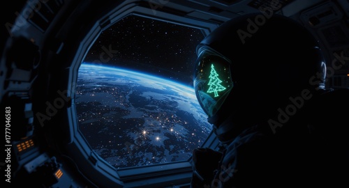 Fototapeta Naklejka Na Ścianę i Meble -  Astronaut gazes at Earth from space station window, dreaming of a green Christmas tree