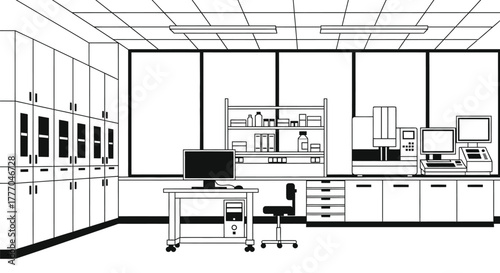 Modern laboratory interior design with equipment and computers view