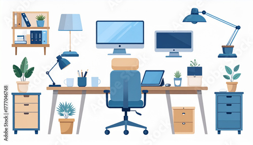 Muted Blue & Beige Flat Icons for Home Office Gear