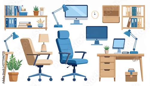Muted Blue & Beige Flat Icons for Home Office Gear