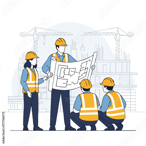 A construction team reviews blueprints, collaborating on a building project, with cranes and a partially built structure in the background.
