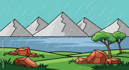 Cartoon landscape mountain lake rainy day scenic view illustration