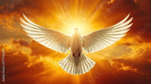 White dove ascending with radiant light and fiery clouds