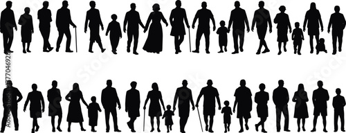 Silhouettes of Diverse People Including Adults and Children in Various Poses Depicting Family, Community, and Human Interaction