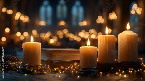 Christmas advent candle light in church with blurry golden bokeh for religious ritual or spiritual zen meditation, peaceful mind and soul