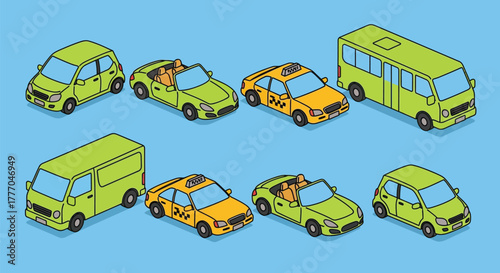 Isometric cars transportation taxi vehicle bus van car vector art