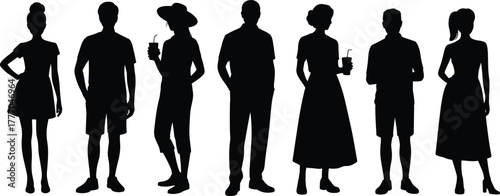Silhouettes of diverse standing people in casual and stylish outfits, showing varied postures, accessories, and fashion in vector illustration