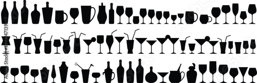 Silhouettes of drinkware and bottles including wine glasses, cocktails, mugs, and decanters, vector illustration for bar, café, and hospitality design