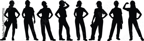 Silhouettes of Female Construction Workers in Confident Poses with Helmets and Tools Depicting Empowerment and Skilled Labor Representation