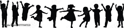 Silhouettes of joyful children jumping and playing in dynamic poses, expressing happiness and energy in playful childhood vector illustration