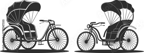 Vintage Rickshaw Silhouette Vector Illustration Set.