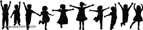 Silhouettes of joyful children jumping, playing, and holding hands in dynamic poses, expressing happiness and energy in vector illustration
