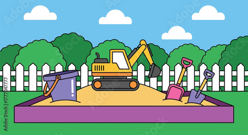 Sandbox toys excavator vector illustration for kids playtime fun