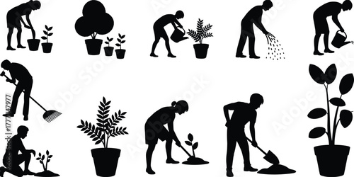 Silhouettes of People Performing Gardening Tasks Like Planting, Watering, Digging, and Raking with Potted Plants and Tools