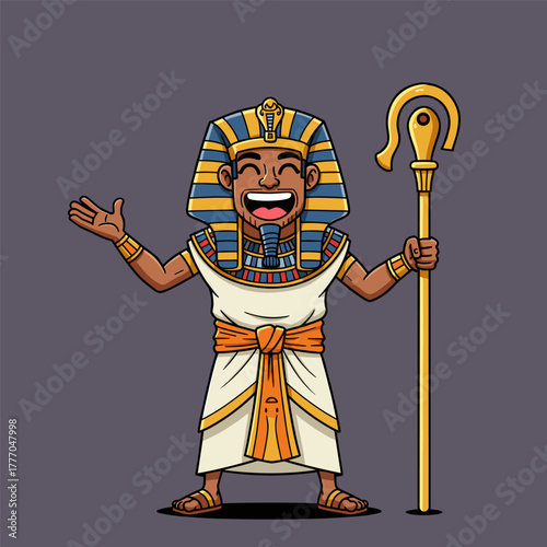 Cheerful Egyptian pharaoh cartoon mascot wearing a nemes and holding a golden crook scepter.