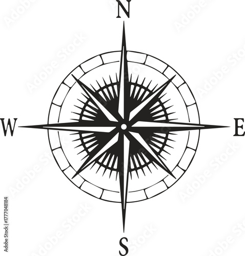 Compass rose vector illustration in black and white showing cardinal and intercardinal directions, navigation, orientation, geography, nautical, travel, exploration