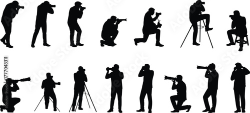 Silhouettes of Photographers in Varied Poses Using Cameras and Tripods While Standing, Kneeling, or Sitting for Creative Illustration