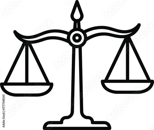 Balance scale symbol of justice and fairness, black line icon illustration isolated on white background, legal equality concept vector design for law and judgment