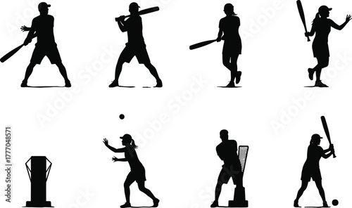 Baseball and softball player silhouettes vector illustration, men and women athletes hitting ball, sports training, competition, teamwork, and outdoor athletic action design